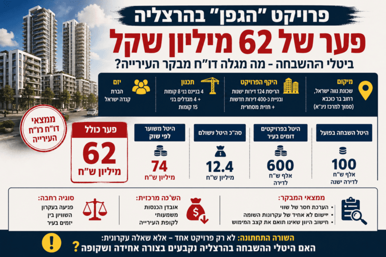 62 מיליון שקל פער בהיטל השבחה בפרויקט אחד: דו"ח מבקר הרצליה חושף