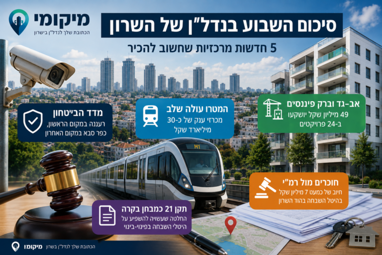 השבוע בנדל"ן של השרון: איפה הכי בטוח לגור, המטרו עולה שלב ומי ישלם מיליונים בהיטל השבחה?