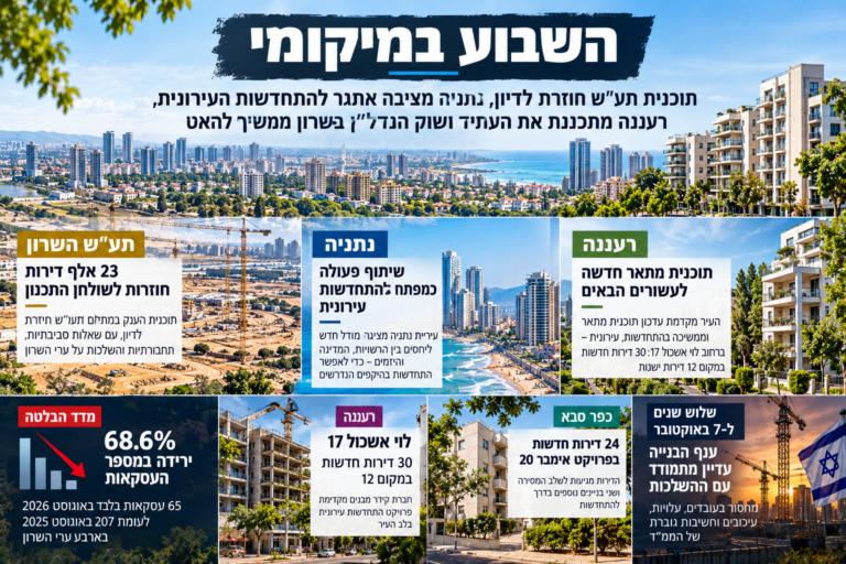 השבוע במיקומי: תוכנית תע"ש חוזרת לדיון, נתניה מציבה אתגר להתחדשות העירונית ורעננה מתכננת את העתיד